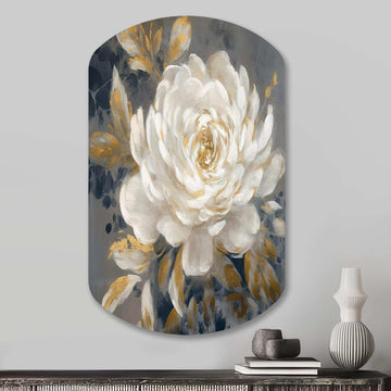 Emotions Of White Gold Peony Flower II - Asymmetric Metal Wall Art